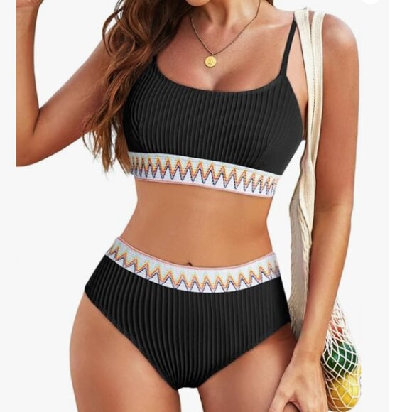 Herseas Women's High Waisted Bikini Set Black Color Block Bathing Suit Chevron - Picture 1 of 6
